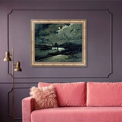 «Quai de la Seine, Paris, au Clair de Lune» в интерьере гостиной с розовым диваном