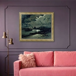 «Набережная Сены, Париж, в лунном свете» в интерьере гостиной с розовым диваном