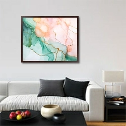 «Abstract emerald and pink ink art 2» в интерьере гостиной в стиле минимализм в светлых тонах