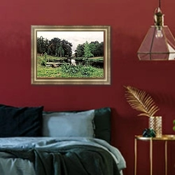 «Пейзаж с прудом. 1887» в интерьере гостиной в бордовых тонах