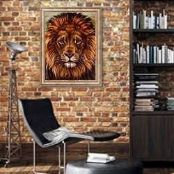 «Огнегривый лев» в интерьере кабинета в стиле лофт с кирпичными стенами
