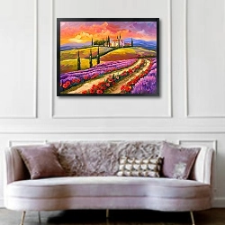 «Sunset reflections on poppy petals» в интерьере гостиной в классическом стиле над диваном