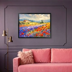 «Lavender whispers in poppy fields» в интерьере гостиной с розовым диваном