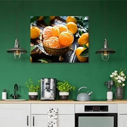 «Спелые мандарины в блюдце» в интерьере кухни с зелеными стенами