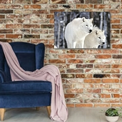«Два белых волка в снежном лесу» в интерьере в стиле лофт с кирпичной стеной и синим креслом