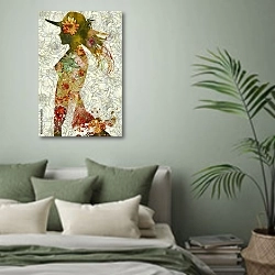 «Силуэт девушки в шляпе на цветочном фоне» в интерьере современной спальни в зеленых тонах