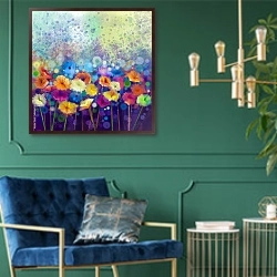 «Весенние цветы, акварель» в интерьере в классическом стиле с зеленой стеной