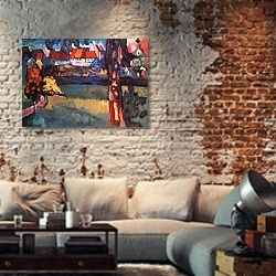 «Landscape with houses, by Wassily Kandinsky, oil on canvas. Russia, 20th century.» в интерьере гостиной в стиле лофт с кирпичной стеной
