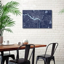 «План города Ричмонд, Виргиния, США» в интерьере столовой в скандинавском стиле с кирпичной стеной