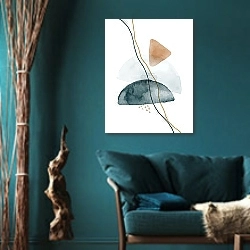 «Простые формы 12» в интерьере зеленой гостиной в этническом стиле над диваном