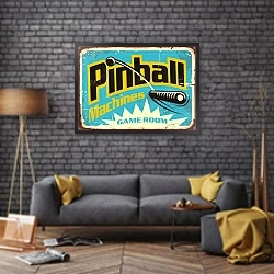 «Пинбол, ретро вывеска игрового зала» в интерьере в стиле лофт над диваном