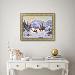 «Олень со стаей зимой» в интерьере в классическом стиле над столом