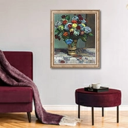 «Bouquet of Hydrangeas, 1929» в интерьере гостиной в бордовых тонах