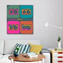 «Ретро-диско-вечеринка в стиле поп-арт» в интерьере гостиной в стиле поп-арт с яркими деталями