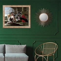 «Поклонение пастухов 5» в интерьере классической гостиной с зеленой стеной над диваном