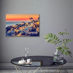 «Греция, Санторини. Красно-желтый закат» в интерьере современной гостиной в серых тонах