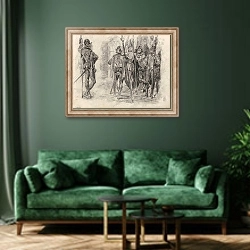 «Don Quixote» в интерьере зеленой гостиной над диваном