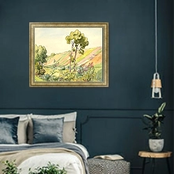 «Landschap in aquarel» в интерьере классической спальни с темными стенами