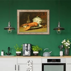 «Still Life with a Lobster and a Soup Tureen» в интерьере кухни с зелеными стенами