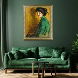 «Легкомысленный» в интерьере зеленой гостиной над диваном