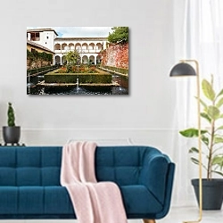 «Дворец Хенералифе в Альгамбре, Испания» в интерьере современной гостиной над синим диваном