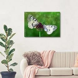 «Две белые бабочки на цветке клевера» в интерьере современной светлой гостиной над диваном