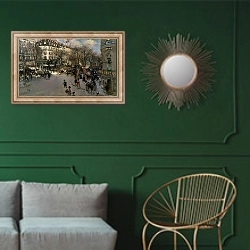 «The Boulevard des Italiens, c.1900» в интерьере классической гостиной с зеленой стеной над диваном