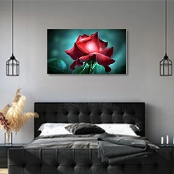 «Красная роза на сине-зеленом фоне» в интерьере современной спальни с черной кроватью