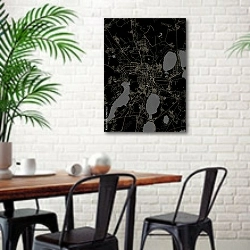 «План города Челябинск, Россия, в черном цвете» в интерьере столовой в скандинавском стиле с кирпичной стеной