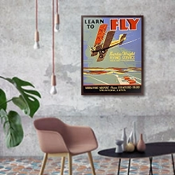 «Learn to fly Curtiss-Wright Flying Service, worlds oldest flying organization.» в интерьере в стиле лофт с бетонной стеной