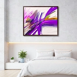 «Абстрактная красочная картина в фиолетовых тонах» в интерьере светлой минималистичной спальне над кроватью
