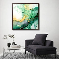 «Abstract green with gold ink art 8» в интерьере в стиле минимализм над креслом