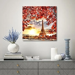 «Франция, Париж. Eiffel Tower with autumn leaves» в интерьере современной гостиной с голубыми деталями