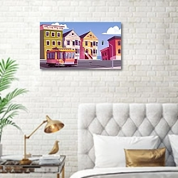 «Кабельный трамвай на улицах Сан-Франциско» в интерьере современной спальни в белом цвете с золотыми деталями