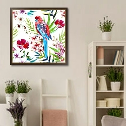 «Винтажная открытка с птицей, розами и бабочкой» в интерьере комнаты в стиле прованс с цветами лаванды