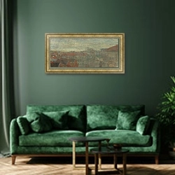 «Вид на Фнозию. Светящиеся волны и вибрации» в интерьере стильной зеленой гостиной над диваном