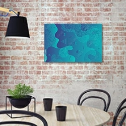 «Геометрический рисунок в синих тонах» в интерьере кухни в стиле лофт с кирпичной стеной