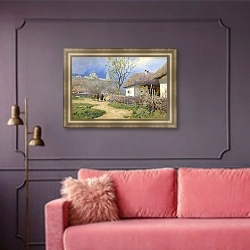 «Полтавщина» в интерьере гостиной с розовым диваном