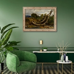 «The Heron Disturbed, c.1850» в интерьере гостиной в зеленых тонах