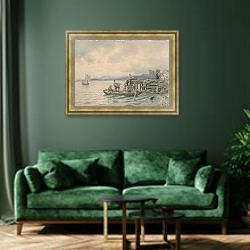 «Рыбаки на пирсе во фьорде Кристиания» в интерьере зеленой гостиной над диваном