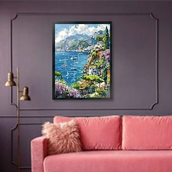 «Amalfi dreamscape» в интерьере гостиной с розовым диваном