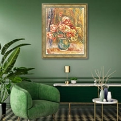 «Vase of Roses, 1890-1900» в интерьере гостиной в зеленых тонах