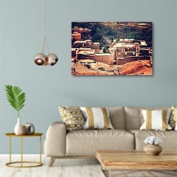 «Традиционные глиняные дома, берберские деревни в горах Атласа, Марокко» в интерьере современной гостиной с голубыми стенами
