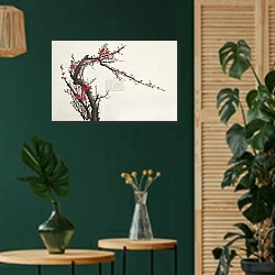 «bright and flowering plum tree» в интерьере в этническом стиле с зеленой стеной