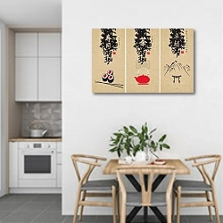 «Три плаката для японской кухни» в интерьере кухни в светлых тонах над обеденным столом