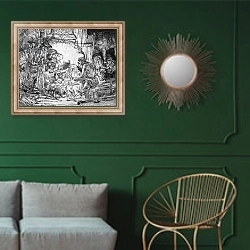 «Nativity, 1654» в интерьере классической гостиной с зеленой стеной над диваном