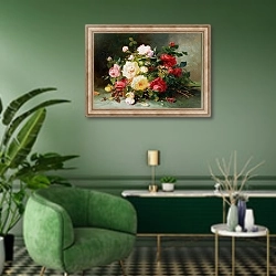 «A Bouquet of Roses» в интерьере гостиной в зеленых тонах