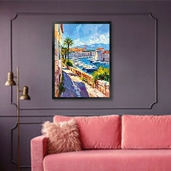 «Antibes view» в интерьере гостиной с розовым диваном