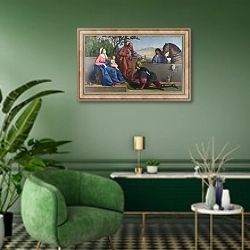 «Воин, преклоняющийся перед Христом и Девой Марией» в интерьере гостиной в зеленых тонах