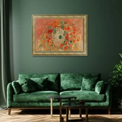 «Настурции» в интерьере зеленой гостиной над диваном